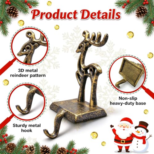 Reindeer Christmas Stocking Holders Set - Heavy Duty Cast Iron Mantel Hooks - Rustic Holiday Home Decor