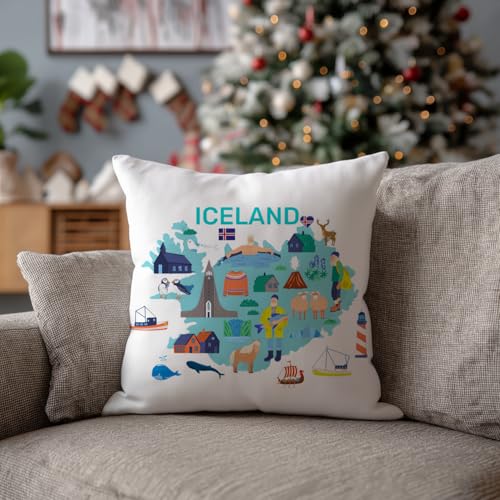 Iceland Travel Map Throw Pillow Cover - 18x18 Soft Flannelette