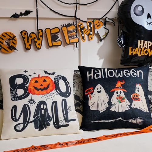 Black Halloween Ghost Throw Pillow Covers Set of 4 18x18” - Spooky Gothic Linen Decor