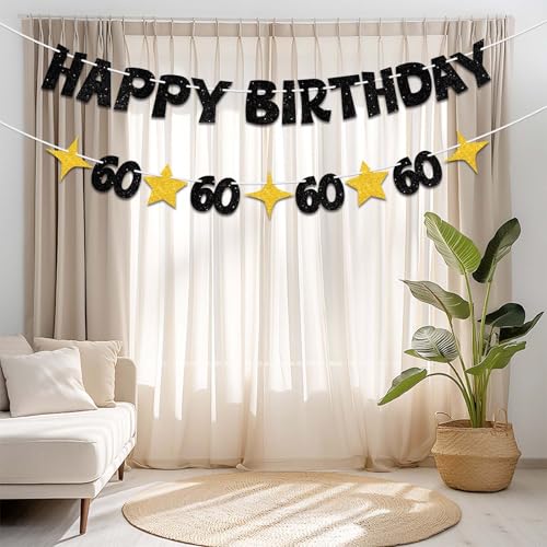 Happy 60th Birthday Banner, Black and Gold Glitter Party Decoration Sign