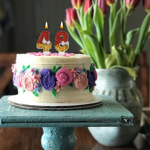 VSHILI Number 48 and 84 Birthday Cake Candles Red Gold Glitter Bow
