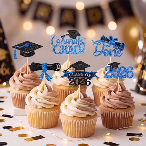 Class of 2026 Blue Glitter Graduation Cupcake Toppers 24 PCS
