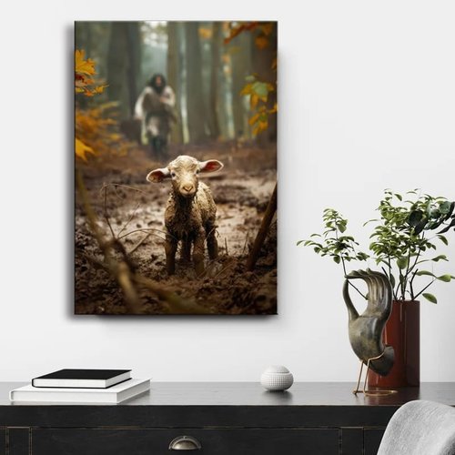 Jesus Wall Art | Large 24”x36” Canvas Print of Jesus Running After Lost Lamb - Perfect Home Decor & Baptism Gift