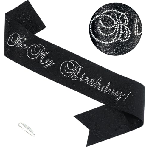 It's My Birthday Black Glitter Sash with Pearl Pin for Women