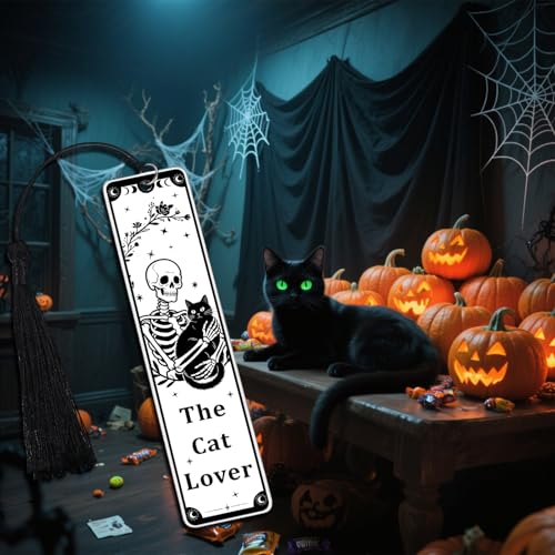 Gothic Cat Bookmark - Skeleton & Black Cat Design for Book Lovers