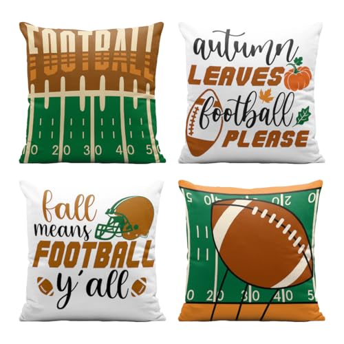 Football Throw Pillow Covers 18x18 Set of 4, Autumn Fall Decorative Cases