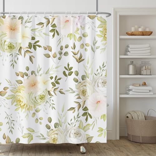 Light Yellow Floral Shower Curtain Set 72"x72" with Hooks