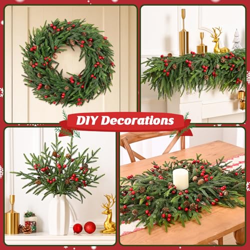 Green 15 Pack Artificial Norfolk Pine Stems with Pine Cones & Red Berries - Christmas Decor