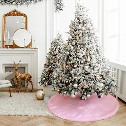 Pink Plush Christmas Tree Skirt 30 Inch Faux Fur Holiday Decor - Amidaky