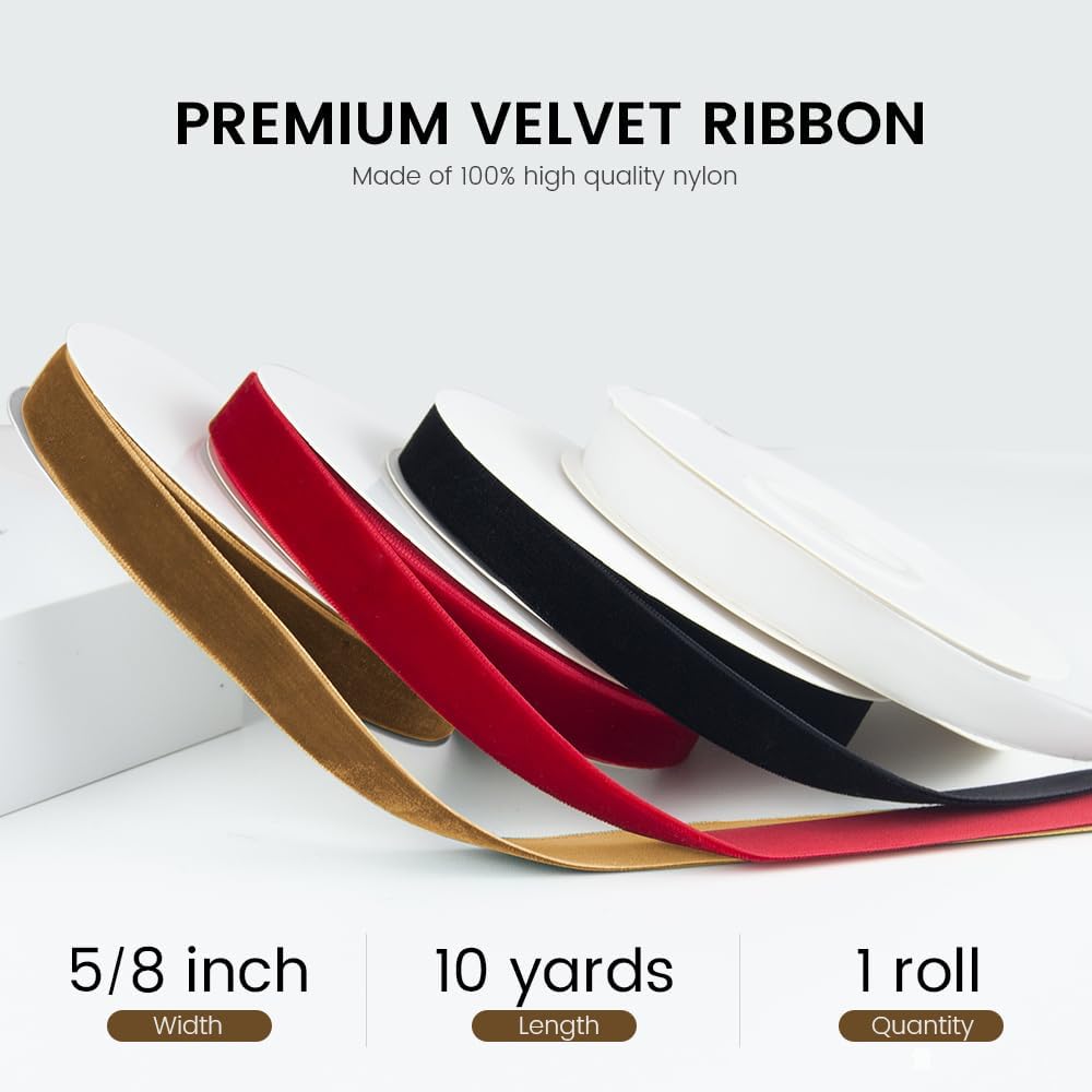 Skiennix Velvet Ribbon - 5/8" Wide x 10 Yards | Vintage Single Face for Gift Wrapping & Decor (Khaki)