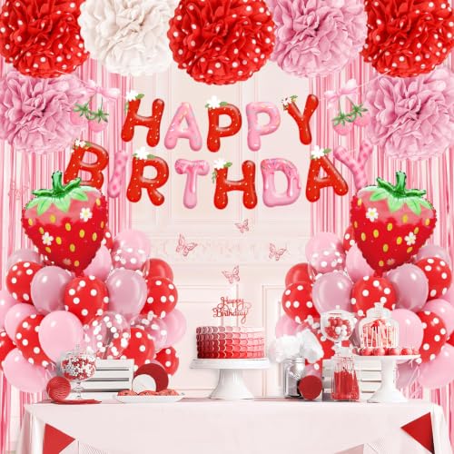 Strawberry Birthday Party Decorations Kit with Balloons & Pompoms