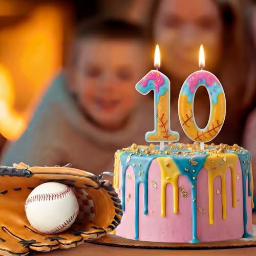 10th Birthday Baseball Number Candles, Ice Cream Drip Cake Topper Set