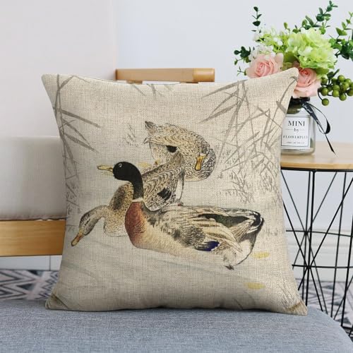 Three Ducks Linen Throw Pillow Cover 18x18 Inch for Sofa & Bedroom