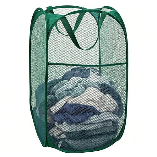 Larpur Pop-Up Laundry Hamper, Collapsible Mesh Clothes Basket - Dark Green