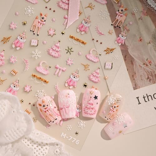 Pink Christmas 5D Embossed Nail Art Stickers Decals - Xmas Tree Snowflake Bear