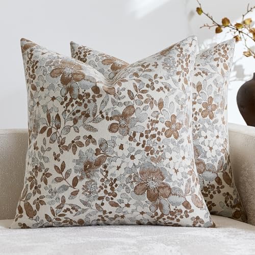 Purewish Vintage Floral Chenille Throw Pillow Covers 18x18 - Camel (Pack of 2)