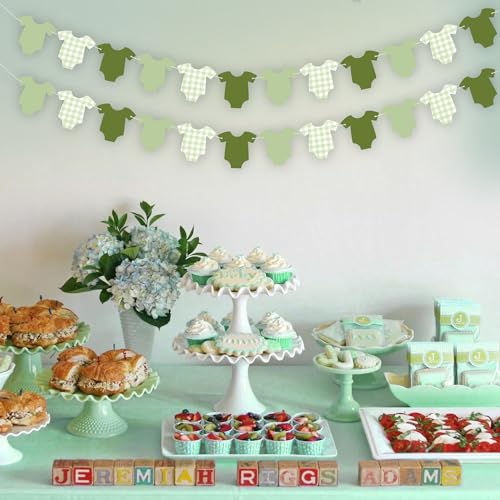 Green Gingham Baby Shower Banner with Bodysuit Garland