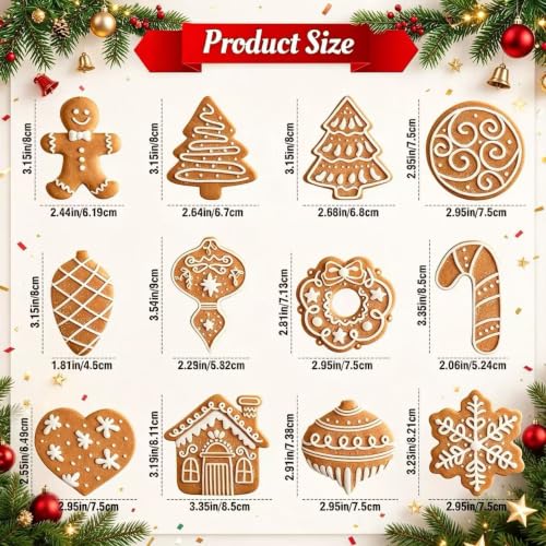 12 Pcs Gingerbread Christmas Ornaments Set - Holiday Tree Decorations