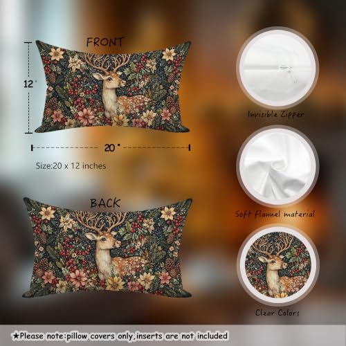 William Morris Style Christmas Santa Deer Pillow Cover 12x20 Set of 4 - Reindeer Holiday Decor