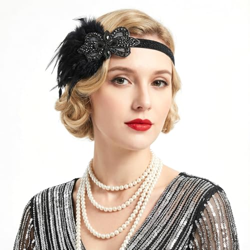 Yolev Black Flapper Headband with Feathers & Rhinestones for 1920s Party