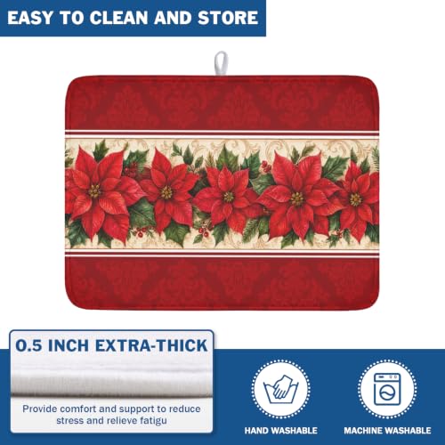 Christmas Red Flower Dish Drying Mat 18x24 Inch for Kitchen Counter - Foldable & Quick Dry