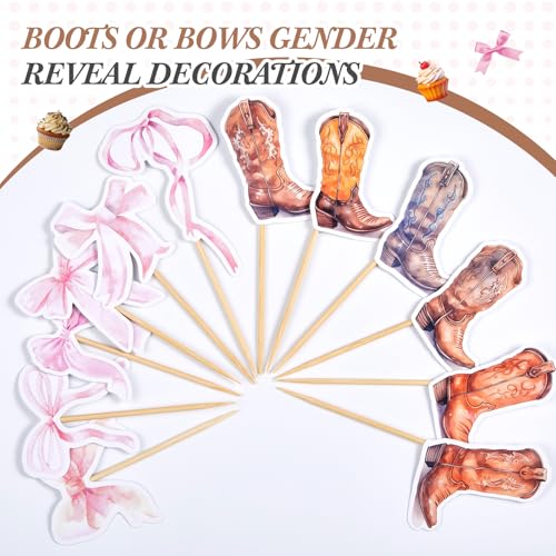 Kolldenn 36 Pcs Gender Reveal Cupcake Toppers - Boots & Bows