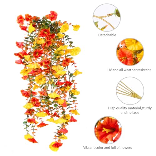 Artificial Morning Glory Hanging Flowers - 4 Pack, UV-Resistant Orange