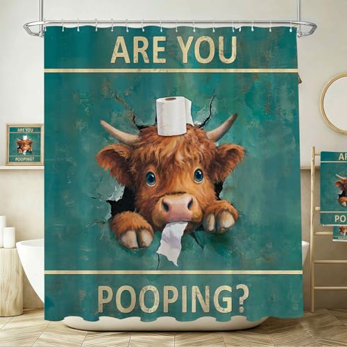 Funny Highland Cow Shower Curtain 72"x72" - Waterproof Farmhouse Decor