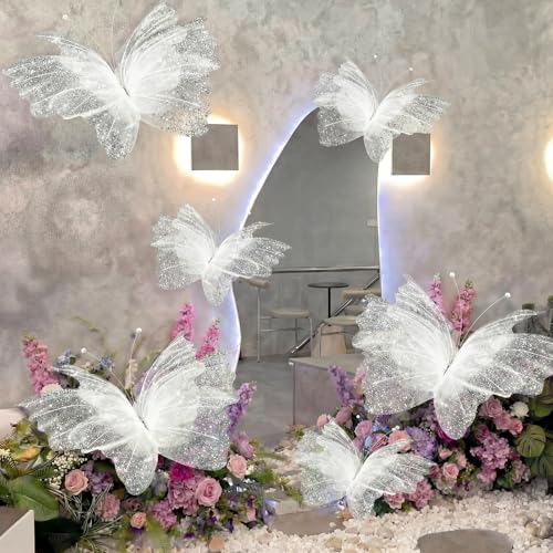 Glitter White Butterfly Christmas Decorations Set - 6 Large & Small Ornaments