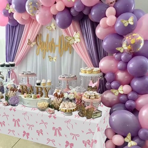 4 Pcs Pink & White Bow Table Cloths for Birthday Parties - 51 x 86 in