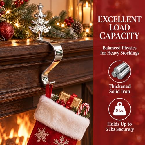 6 Pack Christmas Stocking Holders for Mantle - Iron Metal Hooks with Anti-Slip Pads