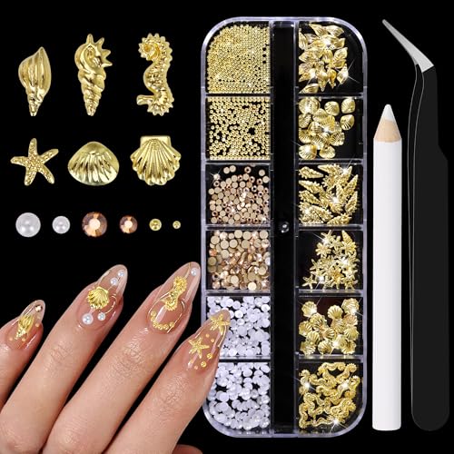 Gold Seashell & Starfish Nail Charms - 3D Ocean Alloy Decor for Summer Manicure