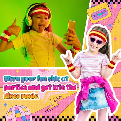 3 Pack Neon Sweatbands Set 80s Wristband and Headband Color War Accessories Sports Sweatbands for Party Halloween