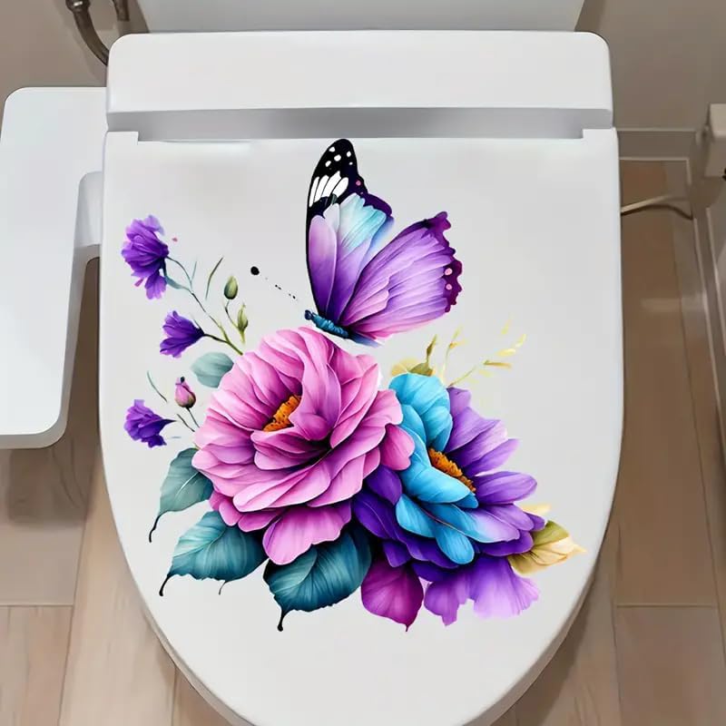 Butterfly and Floral Toilet Lid Decal - Waterproof Self-Adhesive Sticker