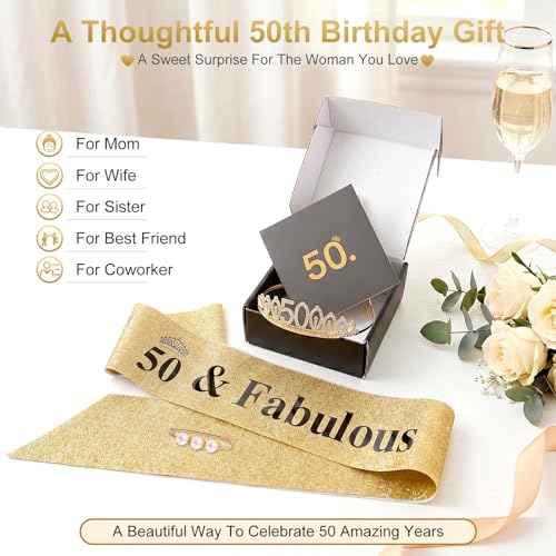 Gold 50th Birthday Decorations Set for Women | Tiara & Sash with Gift Box - SURIOO