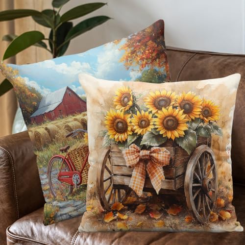 Sunflower Throw Pillow Covers 18x18 (Set of 4) - Double-Sided Design