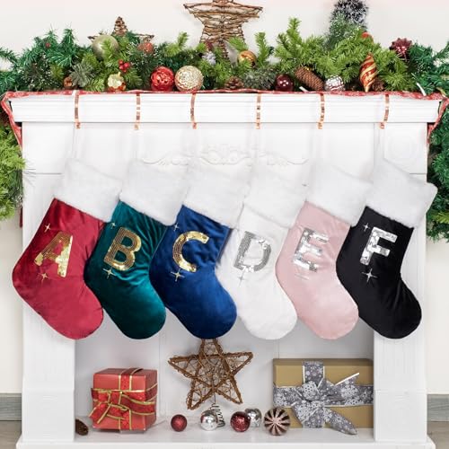 Christmas Stocking Black Velvet Gold Sequin Monogrammed 20 Inches - Letter M