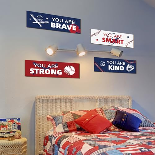 Baseball Room Decor Set - 4 Wooden Motivational Signs for Boys