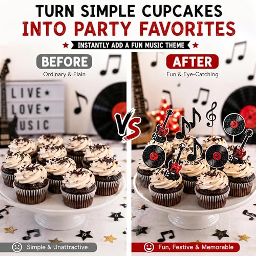 Music Note Cupcake Toppers Set - 12 Glitter Decorations for Parties