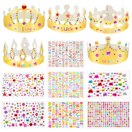 Gold Paper Crowns - 15 Pcs DIY Birthday Party Hats with Gem Stickers