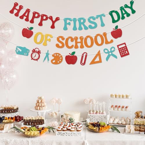 Happy First Day of School Banner - Colorful Glitter Decor
