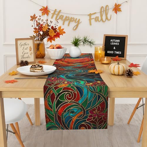 OHOME Fall Flower Stained Glass Table Runner - 73x13.8in Autumn Decor