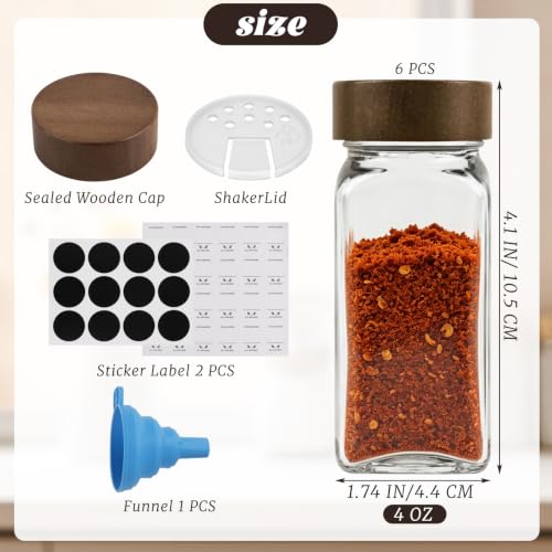 ZUFECY 4oz Square Glass Spice Jars with Airtight Acacia Wood Lids - 6 Pack