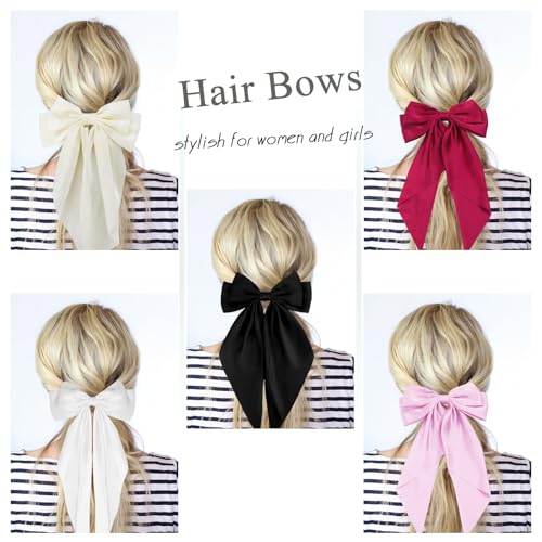 Big Satin Hair Bows with Barrettes Clips, 3-Pack Long Tail Bows