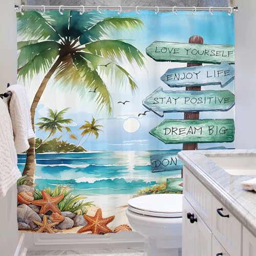 Riyidecor Tropical Palm Tree Shower Curtain 72x72 Inches with 12 Hooks - Coastal Beach Nautical Design Waterproof Fabric