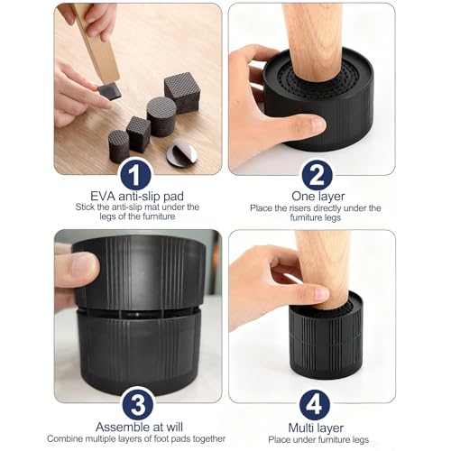 Adjustable Bed Risers - Heavy Duty Furniture Lift Blocks, 4 Pack
