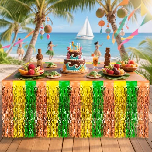 Hawaiian Luau Table Skirts - 2 Pack, 9ft Foil Fringe Decoration