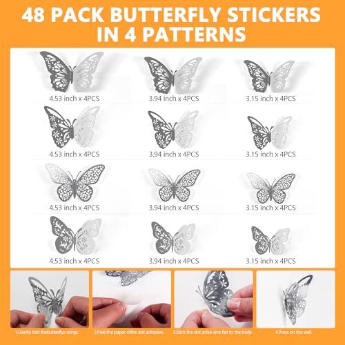 48 Pcs 3D Silver Butterfly Wall Decor - 4 Styles & Sizes