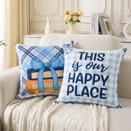 Tranqun Back to School Pillow Covers - 2 Pack 18x18 Inch Blue Gingham
