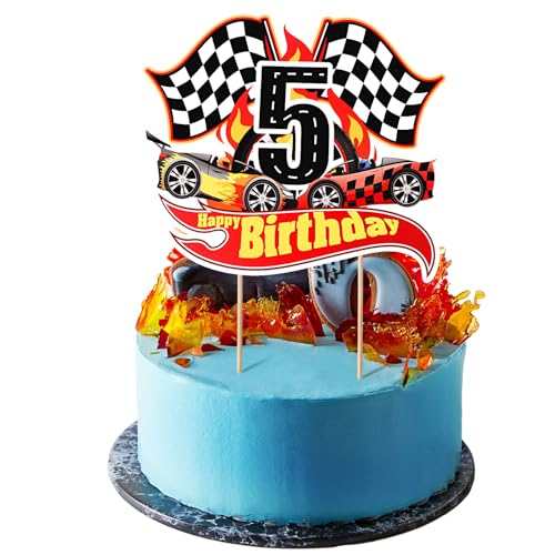 Race Car 5th Birthday Cake Topper - Checkered Flag Decoration
